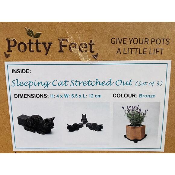 Set of 3 Potty Feet Bronze Color Sleeping Cat Plant Pot Risers - Picture 2 of 7